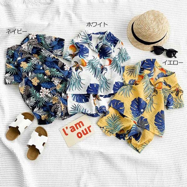 男の子ファッションシャツ男の子 アロハシャツ 上下セットビッグ シャツ セットアップ ジュニア 半袖 総柄シャツ 夏服 赤ちゃん キッズ リゾー ハーフパンツ キッズ アメカジ 女の子 ハワイアン 子