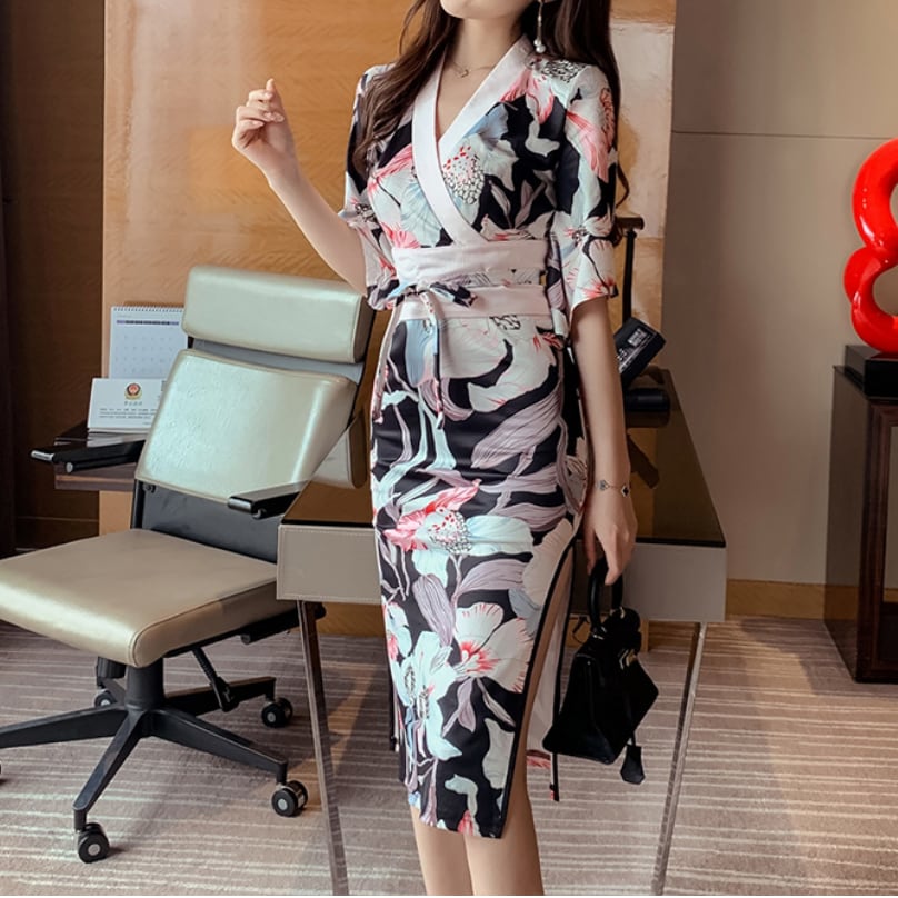 ワンピース 上着 人気 おすすめ おしゃれ お洒落 激安 安い プチプラ 長袖 ロング Vネック タイト 膝丈 ミニスカート スリット 柄 花柄 リボン コットン 綿 プリント 可愛い lo