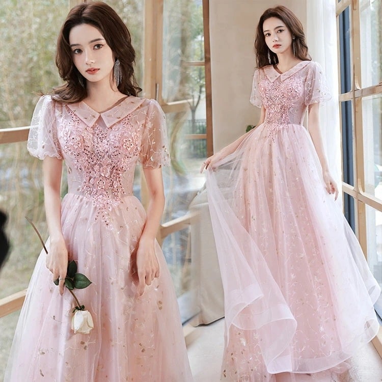結婚式ドレス 二次会ドレス ピンク 襟付き 可愛い ロングドレス イブニングドレス 発表会ドレス 花柄 パフスリーブ キレイめ Aライン パーティードレス ロング 演奏会ドレス XS S M L XL 5,106円