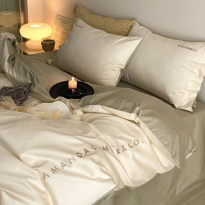 ライトラグジュアリースタイル100番手長綿4点セットフルコットンシンプル刺繍掛け布団カバー寮用寝具3点セット