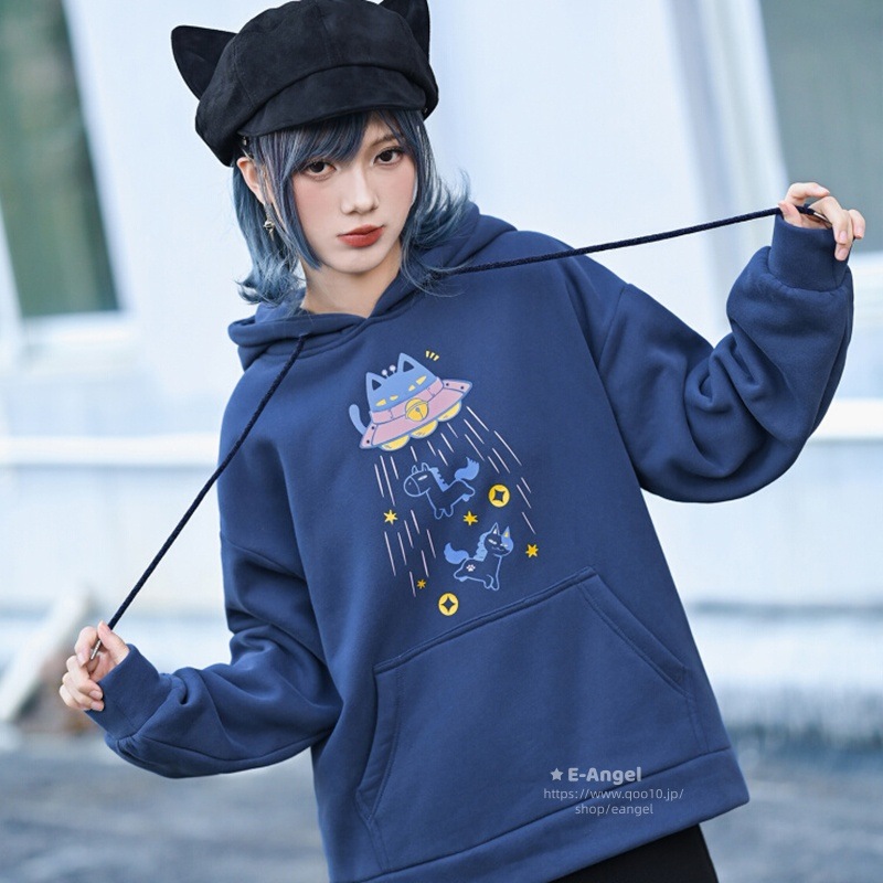 トレーナー レディース 裏起毛パーカー ブルー チャイナ風トップス 秋冬 猫落書き 馬 プリント 個性的 かわいい