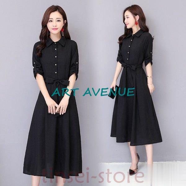 ワンピース レディース 秋 きれいめ シャツワンピース ミモレ丈 長袖 ベルト付き Aライン 折り襟 着痩せ おしゃれ 20代 30代 40代 通勤 OL 二次会