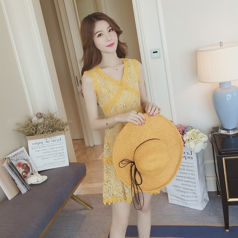 1668.ノースリーブレースミニワンピース（イエロー）2019 春夏 sale パーティー 結婚式 二次会 お呼ばれ 女子会 レストラン デート 記念日