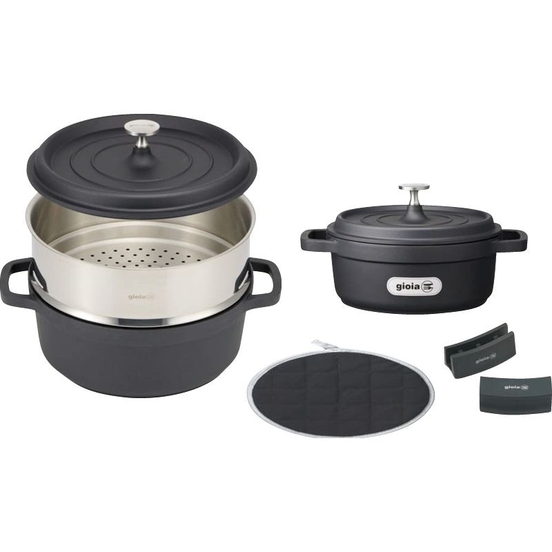 ジョイア キャセロール24cm/20cm&蒸し器5点セット ブラック