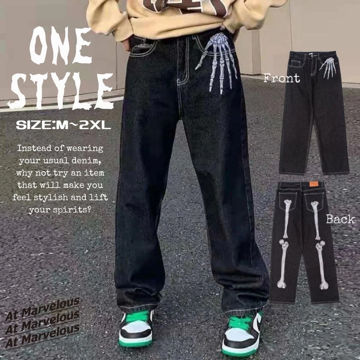 デニムパンツ ワイドパンツ ストリート ボーン スケルトン 骸骨 メンズ 韓国ファッション ヒップホップ シンプル バンド ダンス 高見え おしゃれ