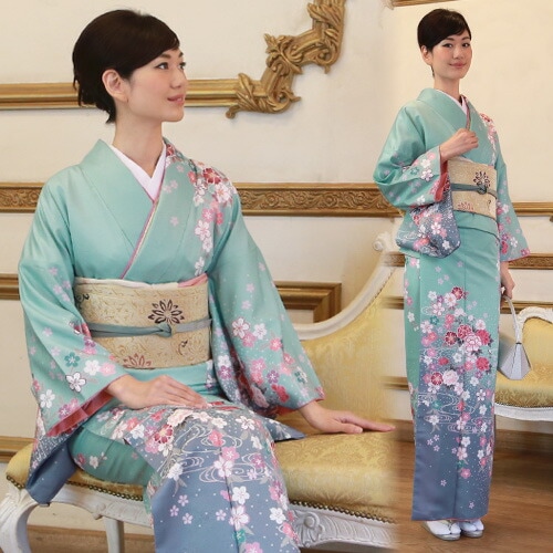 レンタル 訪問着 レンタル 19点フルコーディネートレンタルセット青緑地に牡丹と桜と水流結婚式 入学式 七五三 ママ グリーン 20代 30代 40代 50代