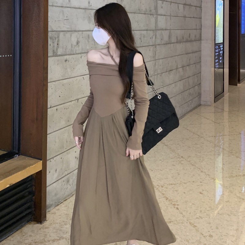 ワンラインネックストラップレスセクシーボトムドレス2025春フレンチウエスト痩身女神風ミモレ丈スカートその他 ワンピース・ドレス