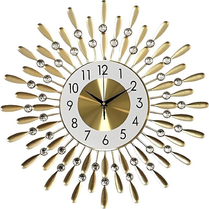 時計 壁掛け ゴールド キラキラ ストーン ウォール クロック 静音 タイプ アイアン 北欧風 インテリア おしゃれ ラインストーン(フラワー・ゴールド 38cmx38cm, 大)