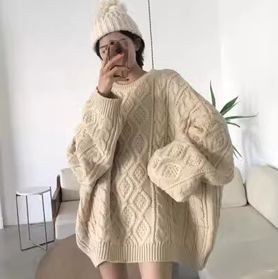 プラスサイズ ルーズ ケーブル セーター ミッドレングス オーバーサイズ 長袖 かわいい 大人可愛い きれいめ シンプル カジュアル 大人 上品 おしゃれ お洒落 かっこいい レトロ 大人女子