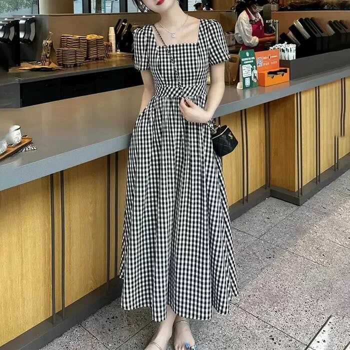 黒 カジュアル い ワンピース 半袖 Aライン エレガント レディース 切り替え 50代 ハイウエスト ロング丈 ワンピ ギンガムチェック スクエアネック 体型カバー フェミニン 20代 夏 ブラック