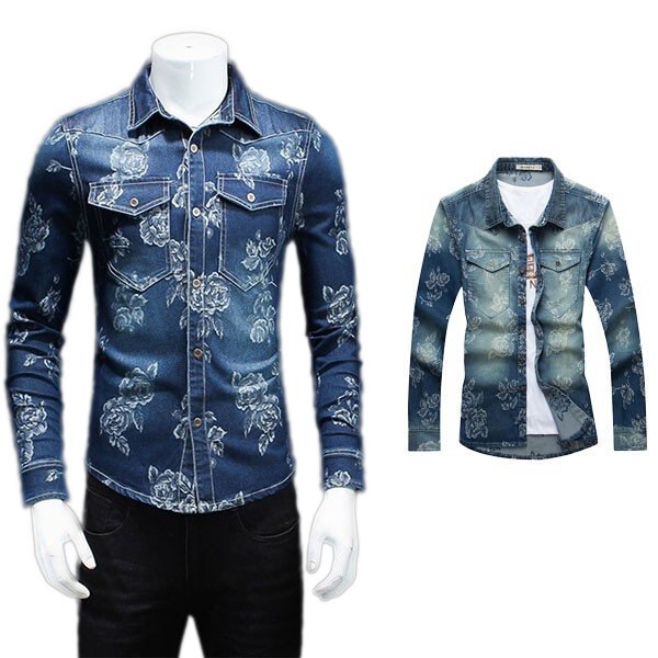 デニムシャツ メンズ 長袖 アロハシャツシャツ 総柄 花柄 お兄系 秋