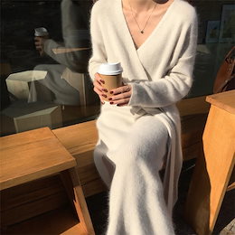 今から買い足すならこの1枚。2019 秋冬 新品 韓国ファッション 気質 長袖 Vネック ニット女性らしい/エレガント スリム クロスストラップ ニットワンピース