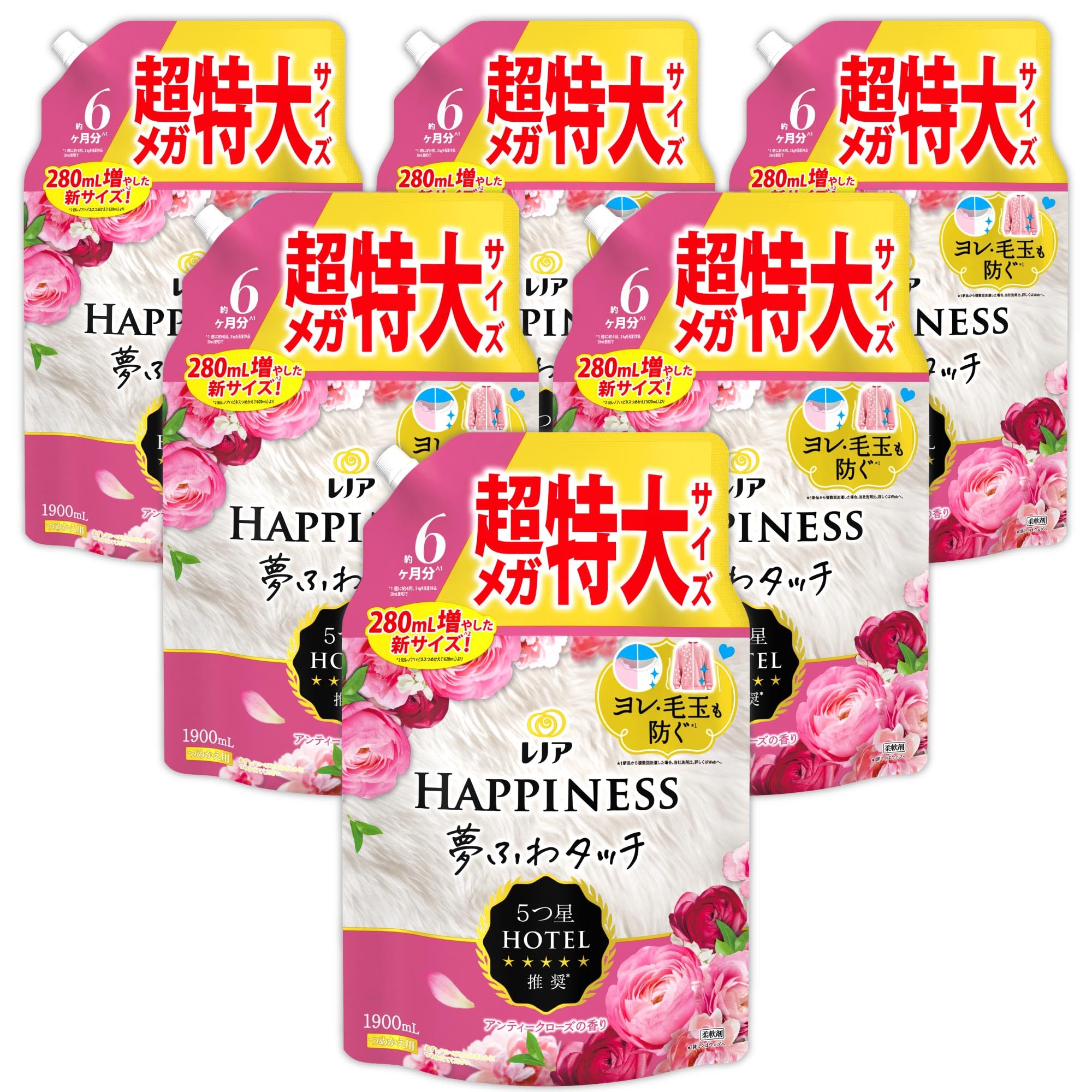 レノア ハピネス 夢ふわタッチ 柔軟剤 アンティークローズ 詰め替え 1,900mL×6袋 [大容量] [ケース品]