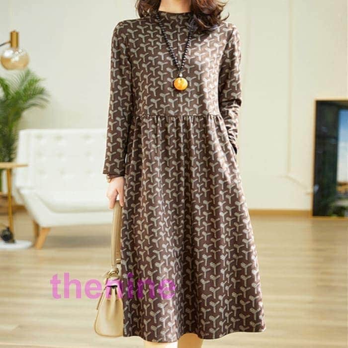 安価ハイネック レトロプリント ワンピース レディース 秋春 長袖 ワンピース ミモレ丈 上品 きれいめ カジュアル 通勤 旅行 お出かけ 30代 40代 50代 60代 シニア