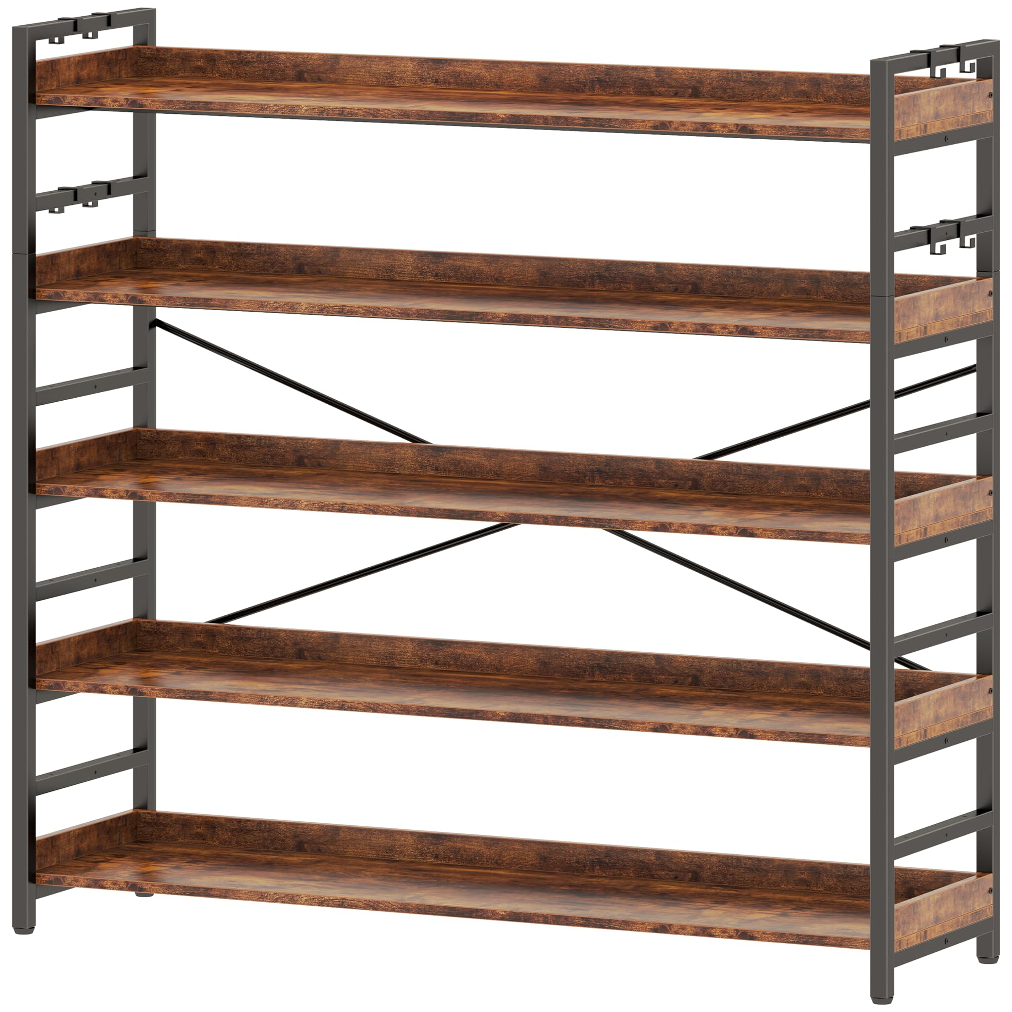 HCHQHS ラック キッチン 棚 おしゃれ 収納 オープンシェルフ 本棚 幅120 5段 ディスプレイ 木製 食器棚 スリム アイアン ウッド リビング 収納 レンジ 木目 組立簡単 (古木色 H