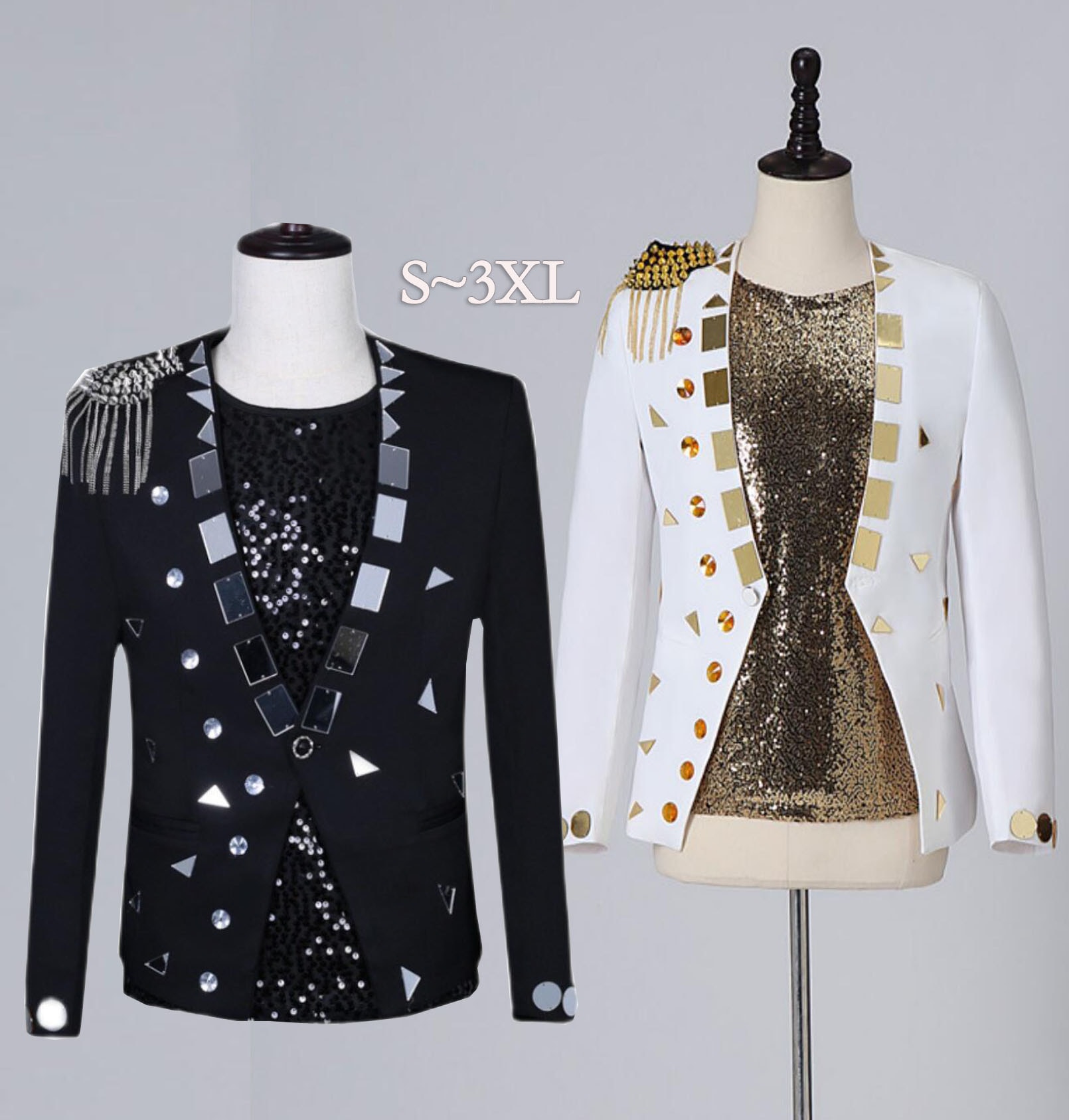 ステージ衣装 メンズ スーツジャケット ダンス 演出 衣装 長袖 四角 三角 円形 スパンコール おしゃれ JAZZ ジャズ バンドミュージック ダンス ジャケット 肩にリベットとチェーンのフリンジ