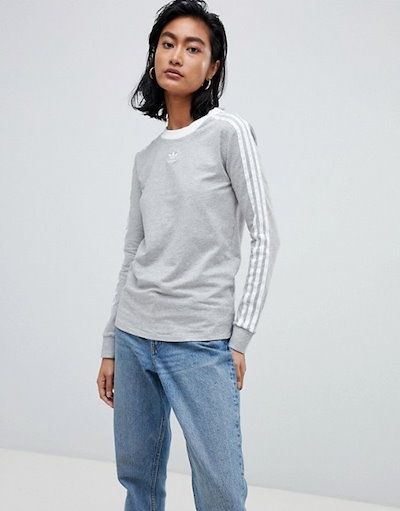 アディダスアディダス レディース Tシャツ トップス adidas Originals Three Stripe Long Sleeve T-Shirt In Gray アディダスアディダス レディース Tシャツ トップス adidas Originals Three Stripe Long Sleeve T-Shirt In Gray