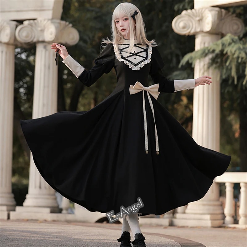 【快速出荷】ロリータドレス ロング コスプレ クラシカルロリータワンピース 長袖 春秋 黒 かわいい cla エレガント スタンドカラー レトロ ドレス ゴシック 宮廷 コスチューム