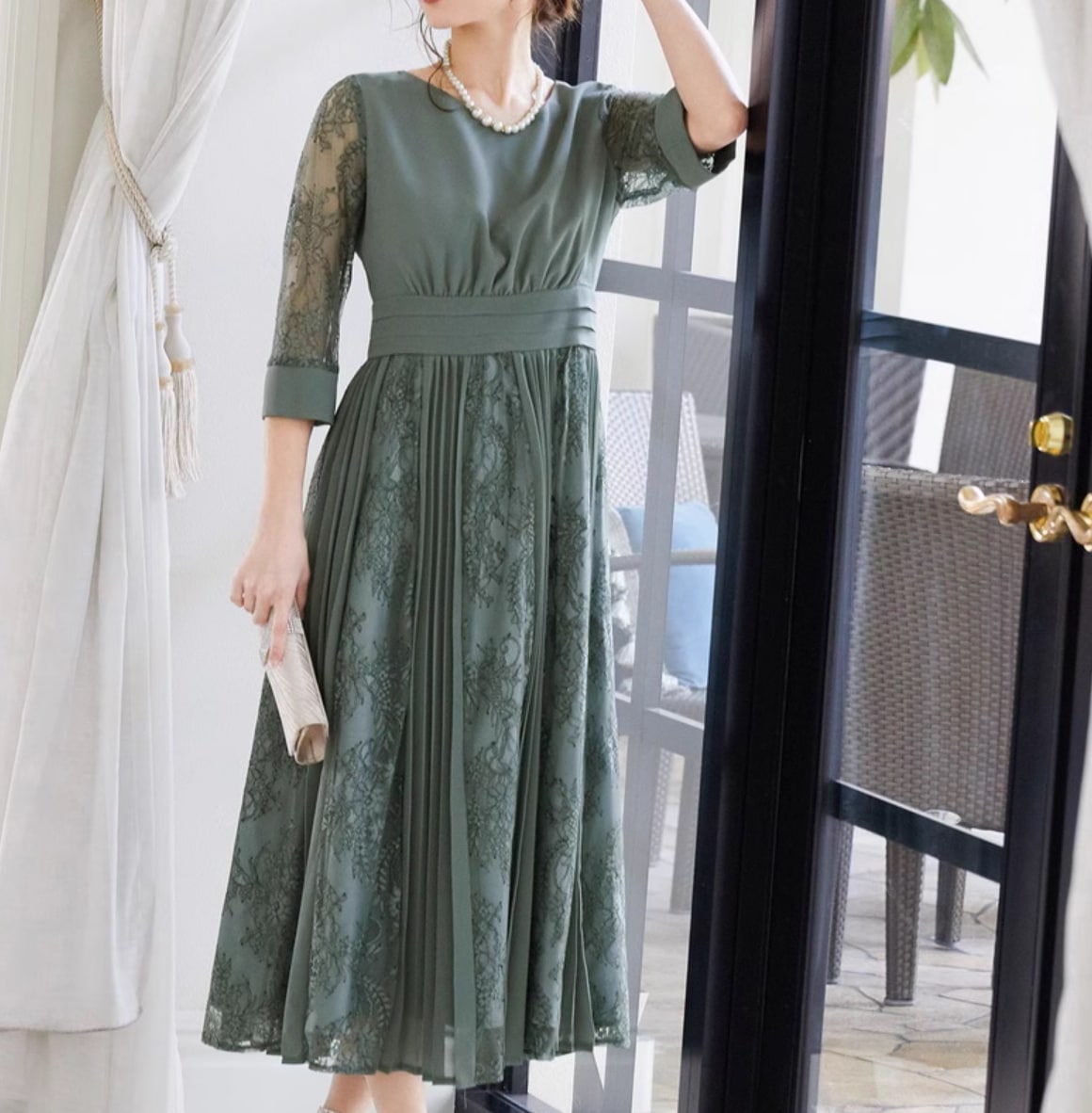 ドレス ワンピース ウェディング パーティー 結婚式 二次会 披露宴 演奏会 発表会 ステージ 舞台 衣装 膝下 ミモレ ロング 7分袖 長袖 Vネック プリンセスライン Aライン プリーツ レース