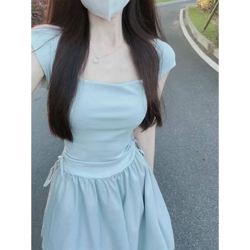 【NEWカラー追加】女性ドレス 夏新しい 韓国スタイル ウエスト痩身 ドローストリングサススカート