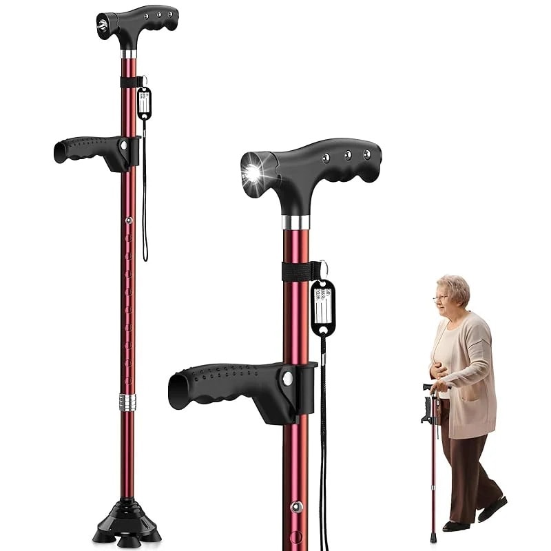 ステッキ 杖 倒れない 自立式4点杖 男女兼用 クレバーケーン伸縮式 軽量アルミ製 長さ調節可能 補助ハンドル付き 介護用 歩行補助杖 LEDライト搭載 夜間散歩対応 日本語説明書付き 高齢者の歩行サ