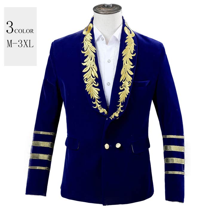 【2025限定SALE】ステージ衣装 メンズ スーツジャケット 花刺繍 長袖ジャケット 舞台衣装 舞台スーツ ベロア調 ダブルボタン 紳士服 礼服 衛兵 兵隊 兵士 制服 仮装 変装 ハロウィン コス