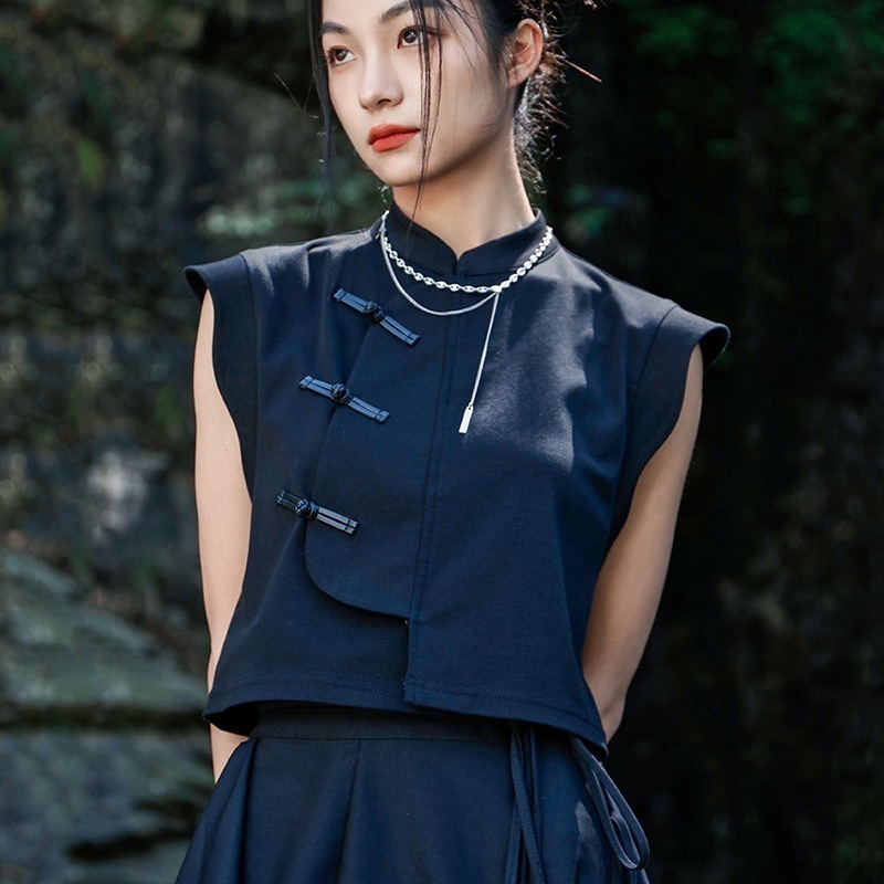 ノースリーブトップス レディース チャイナ風Tシャツ 夏 ショート丈 黒 チャイナボタンシャツ スタンドネック