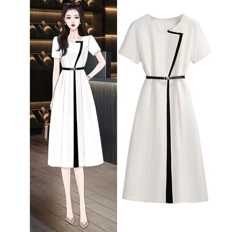 【急速出荷!】2024新作 スーツ スーツスカート 感　 ベルトなし ワンピース Tシャツワンピース 夏 色切り替え 半袖 ワンピース Aライン ロング 韓国ファッション4690