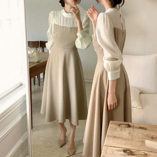 （ミニ＆ロング丈／上品な雰囲気／デート＆お呼ばれコーデ）2丈展開 配色ハイネック フレアワンピース op16258