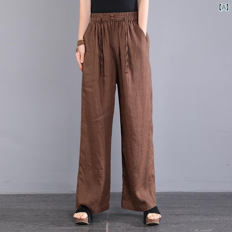 エスニック ボヘミアン レディース ナチュラル 高級感 リネン パンツ 女性用 マルチ カラー ワイド レッグ パンツ スリムフィット 夏 スタイル カジュアル ドローストリング ストレート パンツ