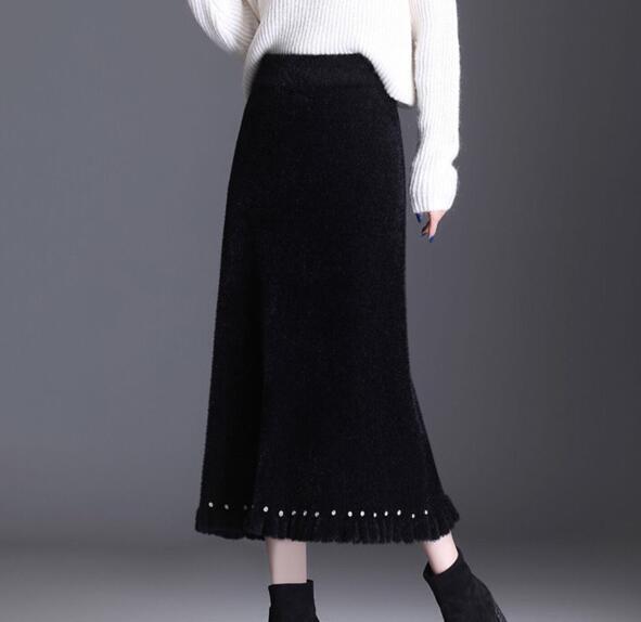 マーメイドスカート 夕イトスカ一ト裾飾り ゴムウエスト ミディアム丈 Aライン 厚手 秋冬 レディース ロングスカート ゆったり