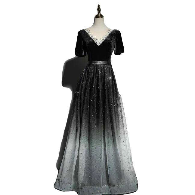 新製品 ブラック ラメ感 高級感 お洒落 レディースドレス ウェディング パーティードレス ロングドレス Ｖネック 半袖 編み上げ チュールスカ 着痩せ 新着 宴会 披露宴 音楽会 司会 フェミニン