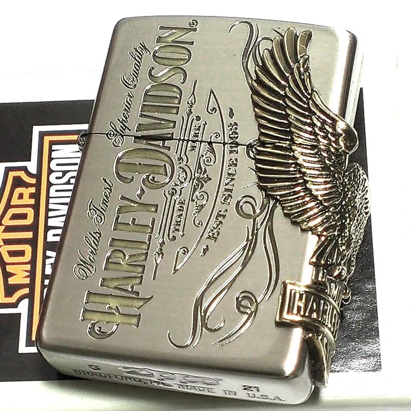ジッポライター ハーレーダビッドソン ZIPPO かっこいい アンティーク シルバー＆ゴールド 金銀 古美仕上げ 3面メタル 鷲 日本国内限定モデル メンズ ギフト