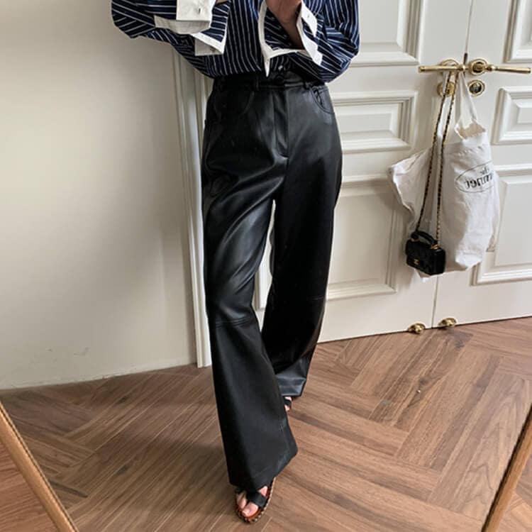 レザーパンツ レディース 韓国 ロング ロングパンツ フェイクレザー エコレザー ワイドパンツ レザー ハイウエスト ストレート カジュアル