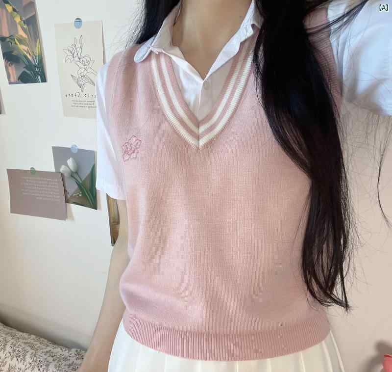 カレッジ ガールズ ピンク ベスト 桜 刺繍 ニット 学生 制服