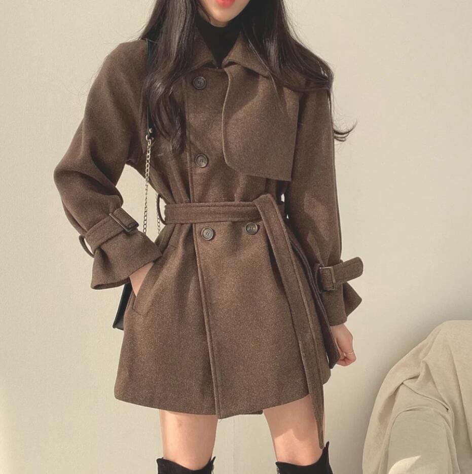 【3日で出荷】ツイード風 ベルト付き ショートコート アウター ステンカラー ミディアム丈 ジャケット カジュアル きれいめ 大人っぽ 通勤 通学 OL オフィス