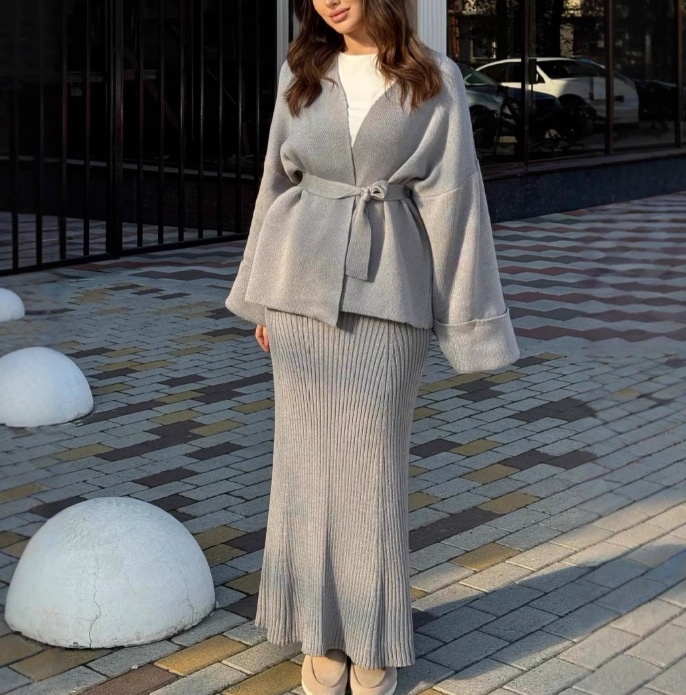 クロスボーダーVネックレースカーディガンゆったりコートニットセーターツーピースセット373