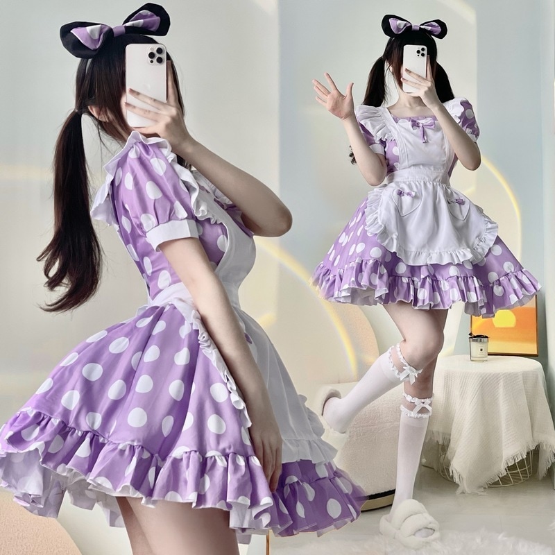 日本のアニメミニーラブドットメイド服ロリータドレスソフトかわいいコスプレ衣装ミッキーコスチューム