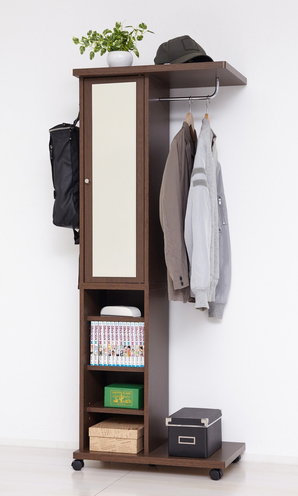 ミラー付　ハンガーラック　収納ワゴン　コンパクト　キャスター5ヶ付