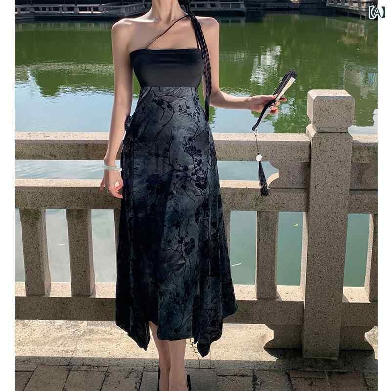 ワンピース 大人 リゾート レディース チャイナ風 ドレス 夏 チューブ トップ サスペンダー レトロ ロング スカート