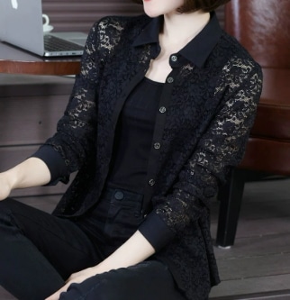 透け感 穴あき モノトーンコーデ シャツ ブラウス ショート丈 長袖 襟付き 角襟 セミフレア スリム タイト 細身 ストレート スマート 刺繍 前開き 編み込み シースルー 薄手 大人可愛い