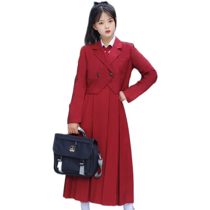 バーガンディ胸スカートjk制服シーズンカレッジソリッドカラーカード胸スカートドレス