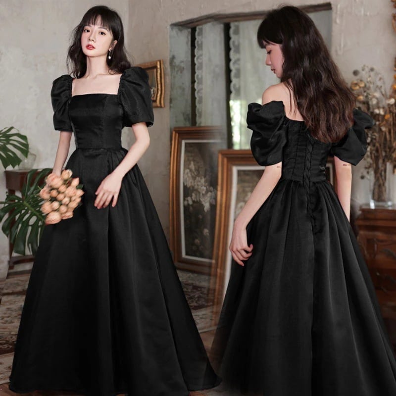 カラードレス パーティードレス カクテルドレス パフスリーブ 半袖 ブラック 純黒 ウェディングドレス ウエディングドレス 発表会ドレス 発表会 演奏会 結婚式 二次会 披露宴 コンサート コンクール