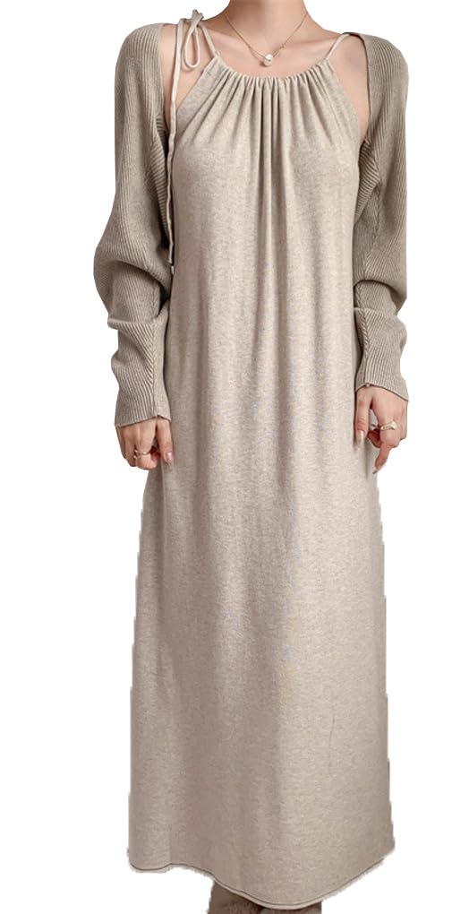 【短納期】 ニットワンピース＋ショール 2点セット レディース ニットセットアップ キャミソールワンピース コート プルオーバー 上下セット Uネック カジュアル 長袖 カジュアル 春秋冬 大人 上品