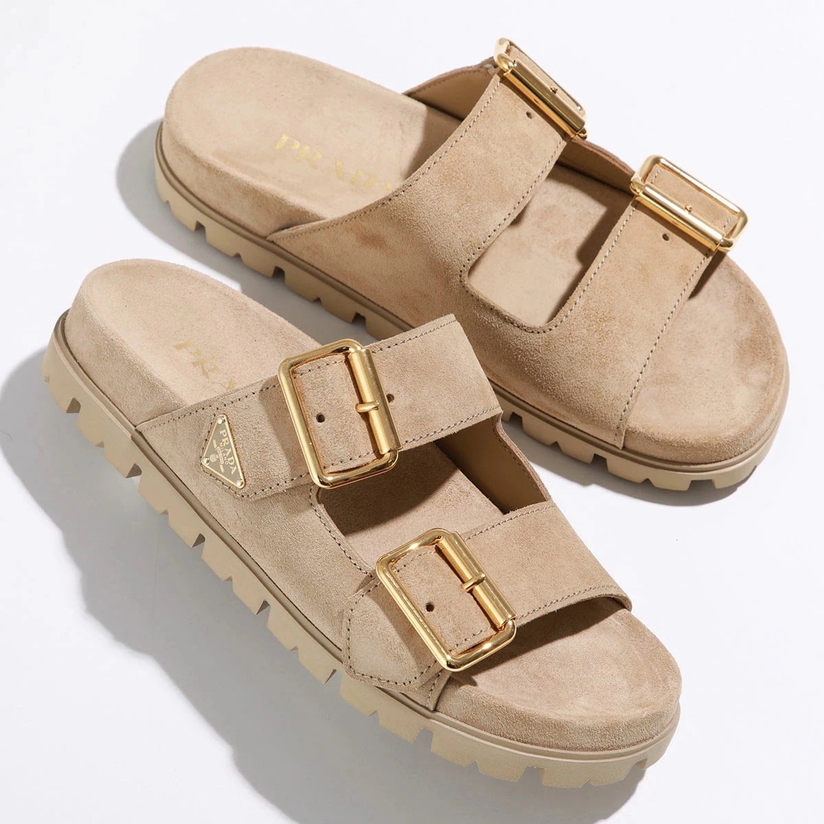 【大きいサイズ限定特価】PRADA プラダ スライドサンダル 1XX692 054 レディース スウェード ストラップ トライアングルロゴ シューズ 靴 F0379/ECRU