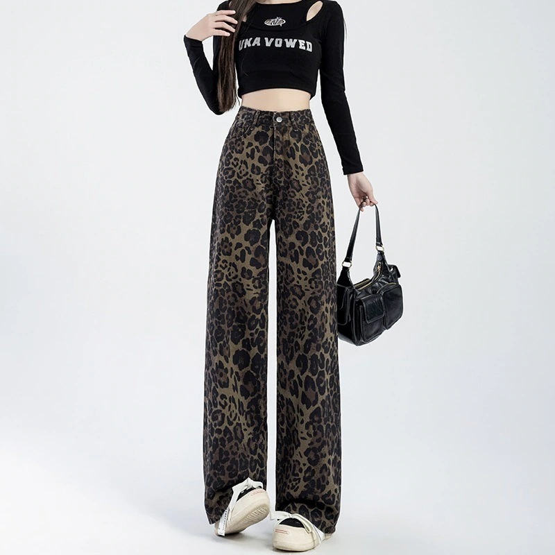 2024春ヒョウ柄デニムパンツレディースアメリカンスタイルハイウエストルーズストレートレッグワイドレッグフロアモップパンツ