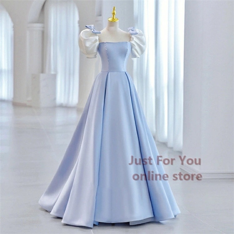 青色 ウェディングドレス ウエディングドレス 袖あり 袖付き 二次会ウエディングドレス 花嫁ドレス 二次会 二次会ドレス 花嫁 ドレス Aライン 編み上げ フレア袖 パーティードレス【S～2XL】