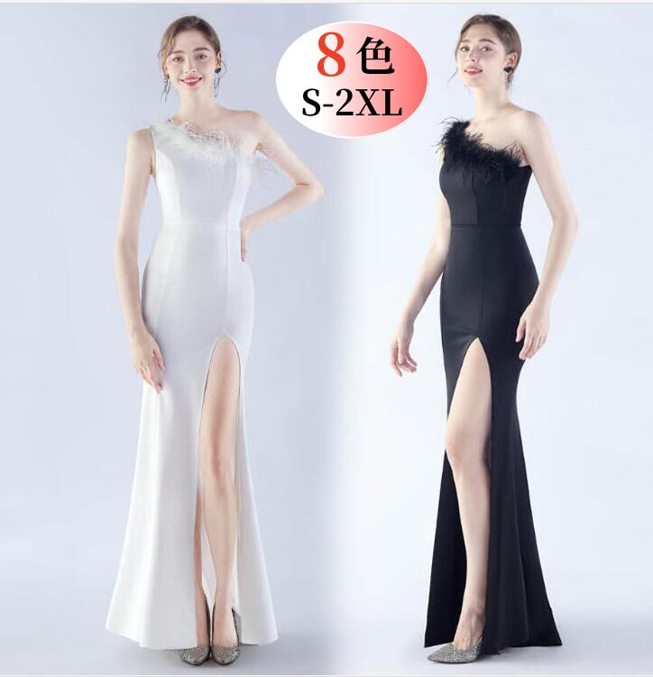ファー付き ワンショルダー ワンピース ドレス 披露宴 二次会 キャバドレス ロングドレス タイトワンピース スリット入り 無地 イブニングドレス お花嫁 パーティードレス エレガント ゴージャス 上