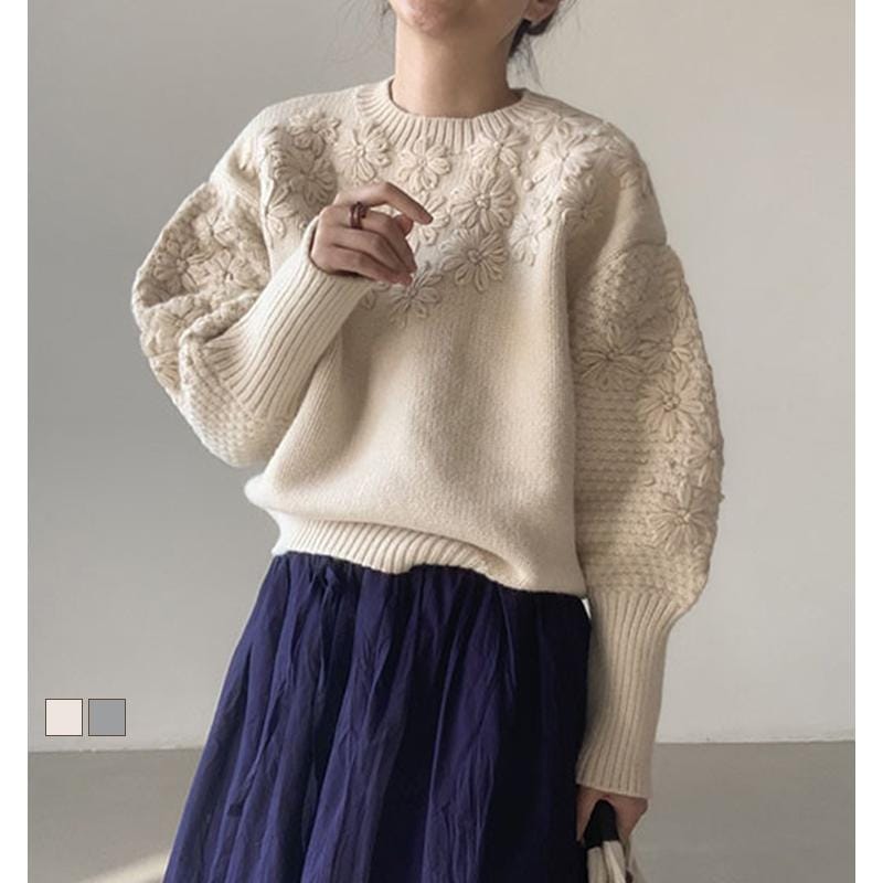 マーガレット刺しゅうニット 花刺繍ニット ニット セーター レディース トップス 秋冬 長袖 厚手 ラウンドネック ニットトップス ゆったり カットソー ニットウ