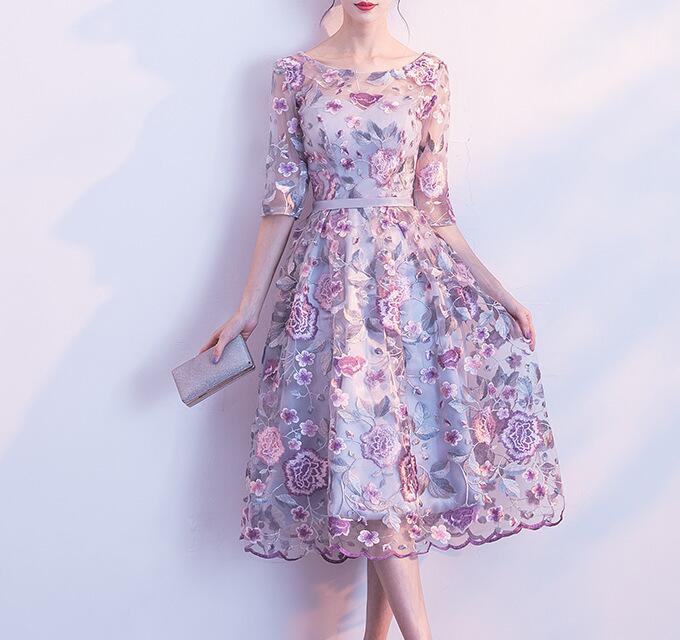 パーティードレス　膝丈　袖あり　発表会　ワンピース　結婚式　花柄　二次会　フォーマルドレス　披露宴